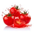 Four bright and ripe colored tomatoes with water dripping around them on a white background