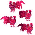 Four brightly patterned folk-style roosters with paisley-shaped wings and expressive tails isolated on a white background.