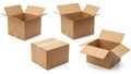 A collection of four brown cardboard shipping boxes, some open and one sealed, arranged on a clean white background. isolated on Royalty Free Stock Photo