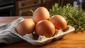 Four brown eggs nestled in a cardboard carton on a wooden surface with herbs