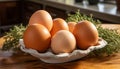 Four brown eggs nestled in a cardboard carton on a wooden surface with herbs