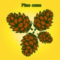 Four brown pine cones, pattern on a yellow background