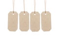 Four brown tags hanging on ropes