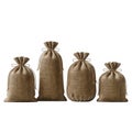 Four burlap sacks with drawstrings arranged in a row from largest to smallest Royalty Free Stock Photo