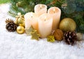 Four burning advent candles and Christmas decoration. Royalty Free Stock Photo