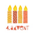 Four burning advent candles vector illustration. Fourth sunday in advent. 4. Advent german text. Flat Holiday design with candles Royalty Free Stock Photo