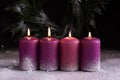 Four burning pink and purple advent candles on snow Royalty Free Stock Photo