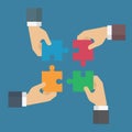 Teamwork make the dream work. Business teamwork concept. Four businessman connecting puzzle element. Symbol of working together, c