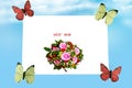 Four butterflies carry a greeting card with a colorful bouquet of flowers and the words Best Mom out into the world on abstract