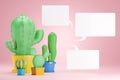 Four cactus plants are placed in a pink background on the left and have a white blank text box on the right.