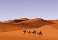 Four camel riders are hiking in the hot sun in the desert with sand mountain background