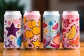 Four cans of different colored drinks with different designs. AI Royalty Free Stock Photo
