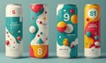 Four cans of soda are displayed on a table, each with a different color and design on the can. Royalty Free Stock Photo