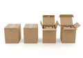 Four cardboard boxes aligned in a row, varying between closed and Royalty Free Stock Photo