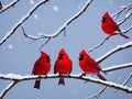 Four Cardinals together in the Snow Royalty Free Stock Photo