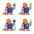 Four cartoon beavers in different construction images on a white background.
