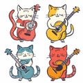 Four cartoon cats playing guitars, colorful musicthemed illustration, animals string instruments