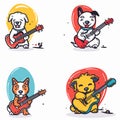 Four cartoon dogs playing electric acoustic guitars, music theme, colorful background. Happy
