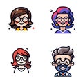 Four cartoon faces with different hairstyles and glasses are smiling in this colorful vector illustration