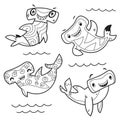 Four cartoon hammerhead sharks in contour. Coloring page