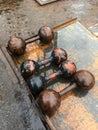 Four cast iron Soviet dumbbells. Vintage