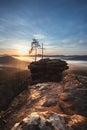 Four castles view, RÃÂ¶tzenfels, a sandstone rock with a cross and a tree. Sunrise, fog, Palatinate Forest, Germany. landscape shot Royalty Free Stock Photo