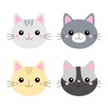 Four cat face icon set. Cute kitten head body silhouette. Different colors. Funny kawaii cartoon baby character. Sticker print