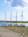 Four catamarans on the lake shore