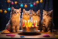 Four cats celebrating a birthday with cake.