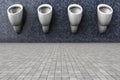 Four ceramic automatic urinals in a men`s public toilet