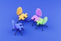 Four chairs with puzzle pieces on blue background, top view Royalty Free Stock Photo