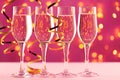 Four champagne glasses against pink background with blurred garland Royalty Free Stock Photo