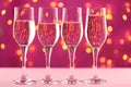 Four champagne glasses against pink background with blurred garland Royalty Free Stock Photo