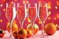 Four champagne glasses against pink background with blurred garland Royalty Free Stock Photo