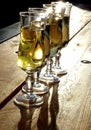 Four champagne wine glasses in the sunset light, celebration sparkling wine Royalty Free Stock Photo