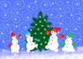 Four cheerful snowmans dancing near the Christmas tree