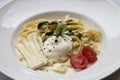 Four cheese pasta Pasta on a white plate with different types of cheeses and tomatoes Royalty Free Stock Photo