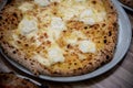 Four cheese pizza Quattro Formaggio on wooden table, Italian cuisine