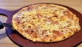 Four cheese pizza on wooden tray