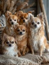 Four chihuahua dogs sitting on chair in room