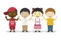 Four children of different races holding hands and representing Globalization age cartoon characters. Vector Illustration.