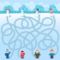 Four children make four snowmen. Find whose is where? Children`s picture with a riddle Royalty Free Stock Photo