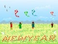 Four children are playing a kite with a 2020 figure in a field of reeds,Red flowers arranged in letters new year, Royalty Free Stock Photo