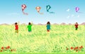 Four children are playing a kite with a 2019 figure in a field of reeds.