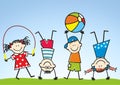 Four children, girls and boys train, sports activity, humorous illustration, eps. Royalty Free Stock Photo