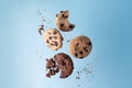 Four chocolate chip cookies flying on a blue background