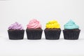 Four Chocolate Cup Cakes With Colorful Icing or Frosting Royalty Free Stock Photo