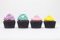 Four Chocolate Cup Cakes With Colorful Icing Royalty Free Stock Photo