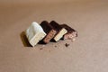 Four chocolate protein bars with different flavors in the context of sprinkle rice flakes on baking paper, Teflon paper. Whey prot Royalty Free Stock Photo