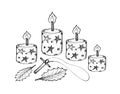 Four Christmas Candles with Holly Leaves and Wooden Cross Royalty Free Stock Photo